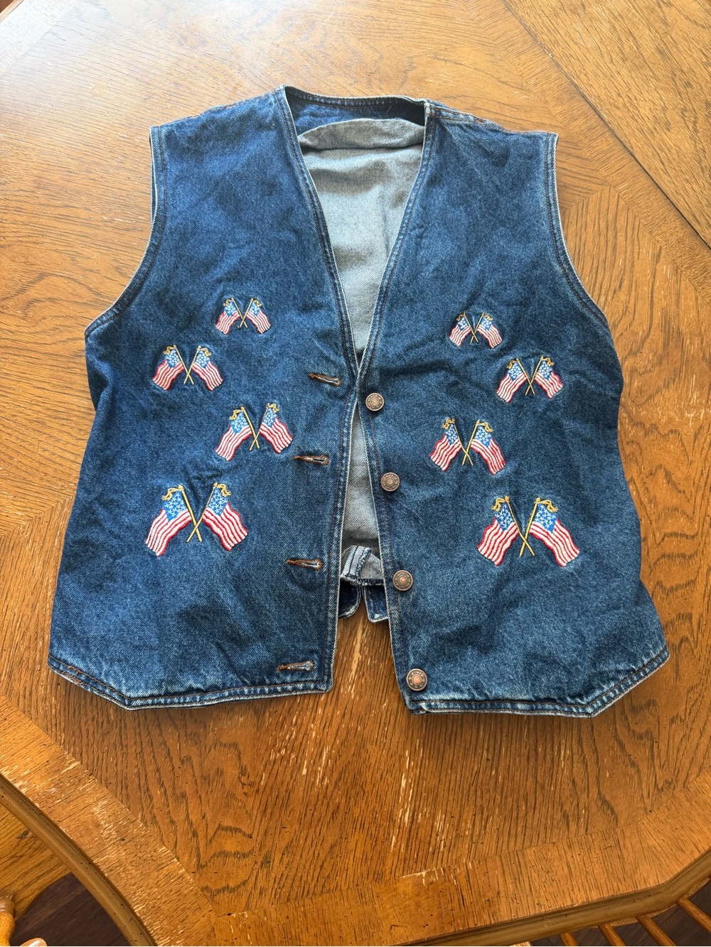 Vintage Blue Denim Women's Vest with Embroidered American Flag Motif